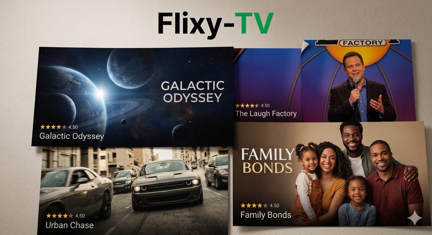 Flixy TV interface concept with content cards and category-style browsing