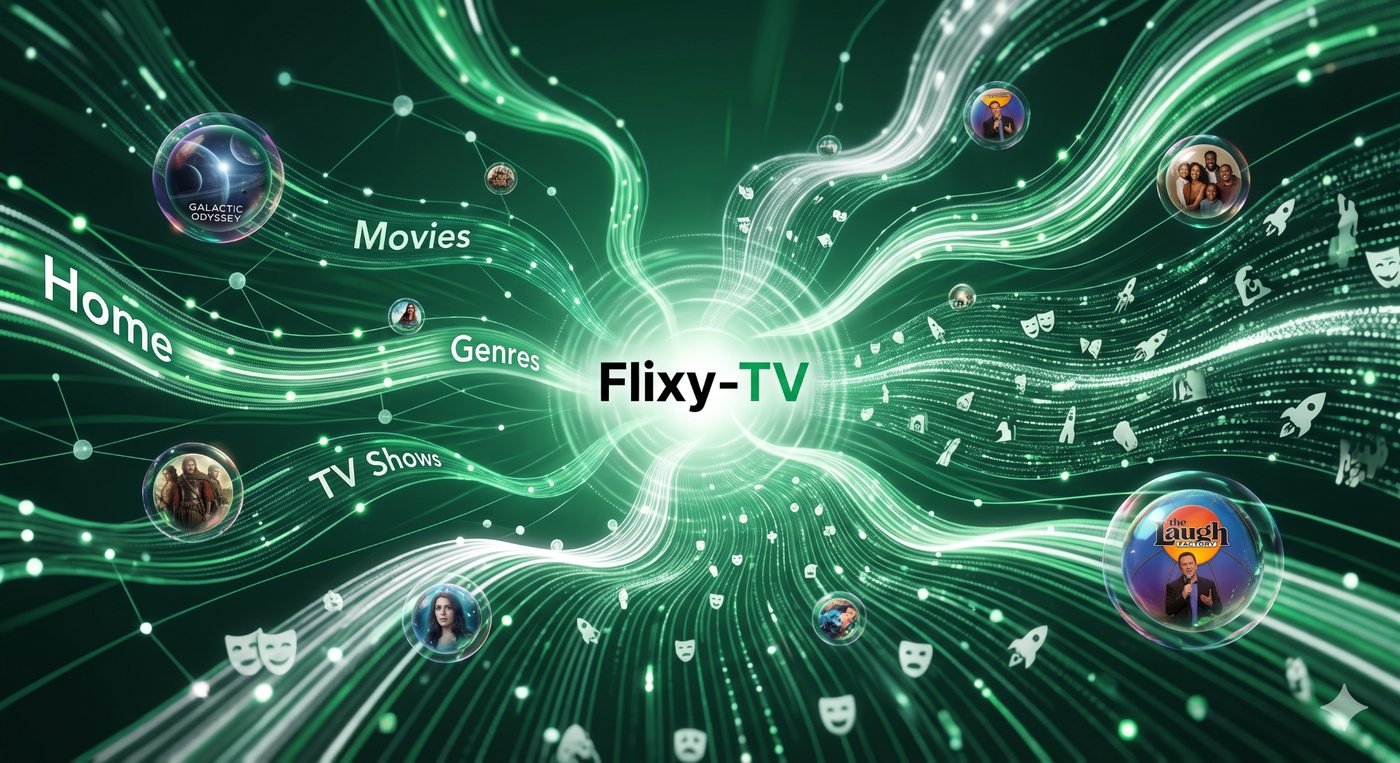 Flixy TV features visual guide with entertainment categories and app-style navigation