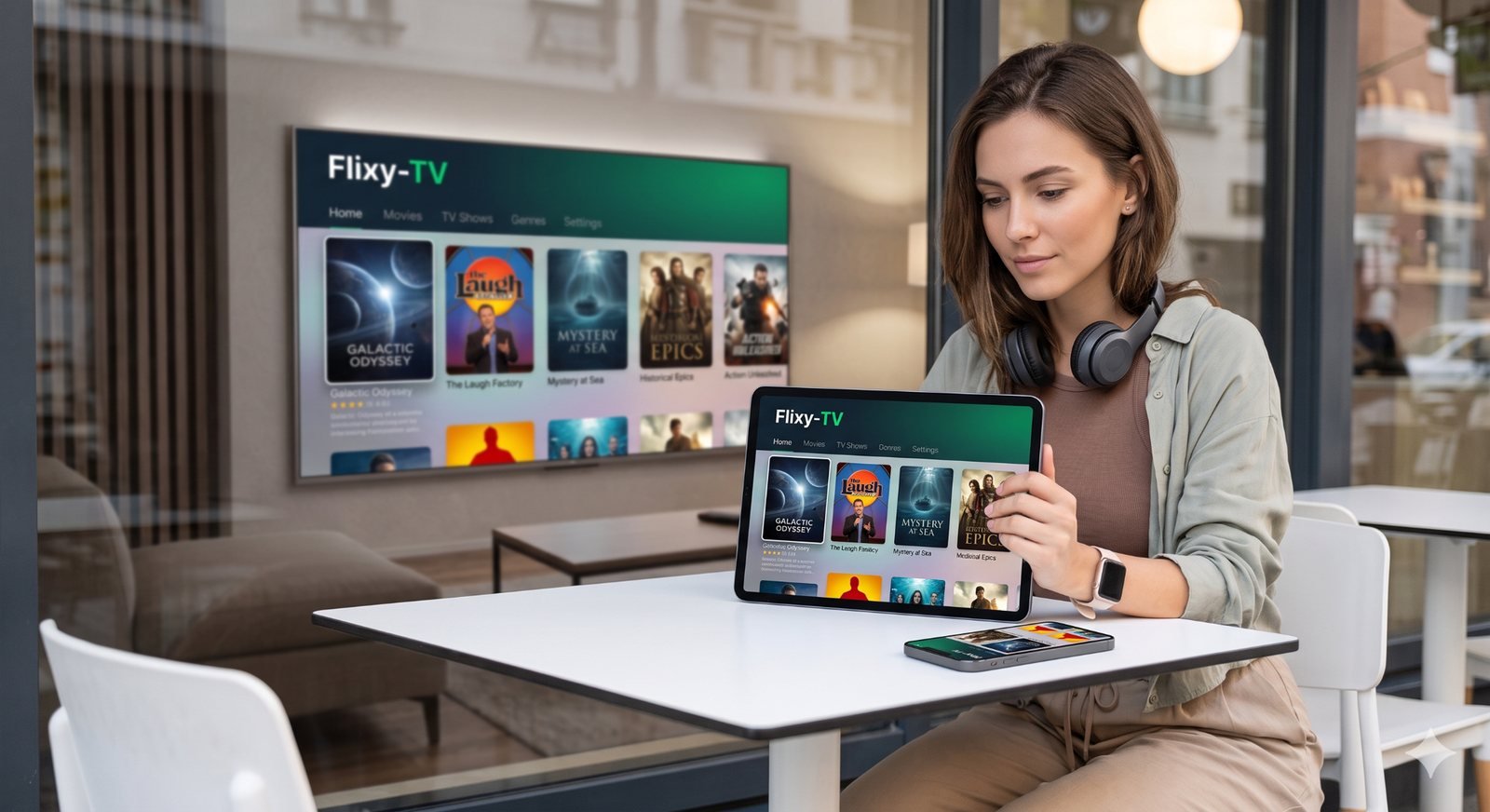 Flixy TV review hero showing a compact streaming setup on a TV and tablet